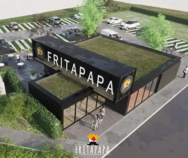 Une friterie Fritapapa, enseigne et terrasse